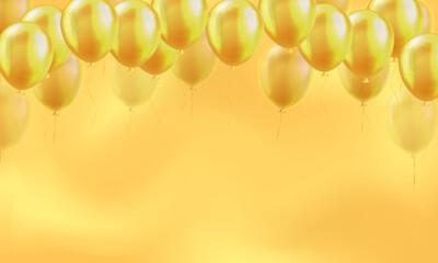 Wall Mural - Yellow wallpaper with lots of 3d realistic gold glossy balloons on blurred background with blank space for greeting text. Banner design for birthday, celebration party, sale, opening event, invitation