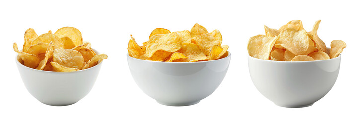 Set of bowl filled with golden, crispy potato chips, perfectly isolated on a transparent background