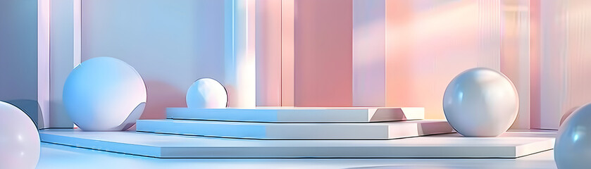 Wall Mural - A white stage with a pink background and a white pedestal in the middle. There are three white balls on the stage, one on the left, one in the middle