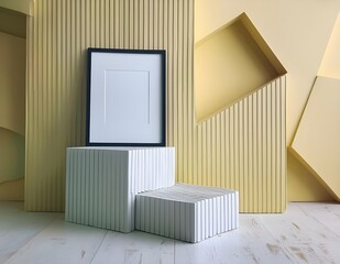 3d render interior of yellow abstract geometric background or texture for display and website. Pastel wall corner scene with podium and photo frame minimal. Cube pedestal template design.