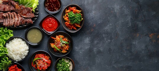 Wall Mural - Korean BBQ: A Top-Down View of a Background with Korean BBQ Food