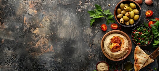 Wall Mural - Mediterranean Delights: A Top-Down View of a Background with Mediterranean Food