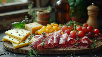 Wall Mural - Rich antipasti fingerfood appetizer plate with ham salami and hard and soft cheese and some tomatoes or grape and herbs as a decoration