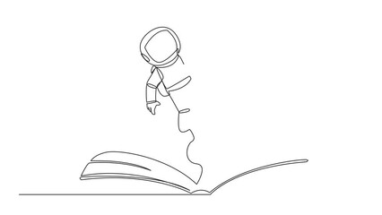 Wall Mural - Animation of continuous line drawing astronaut hovering over an open book. Imagination to be astronaut floating in outer space. Book festival. Single line self drawing animated. Full length motion