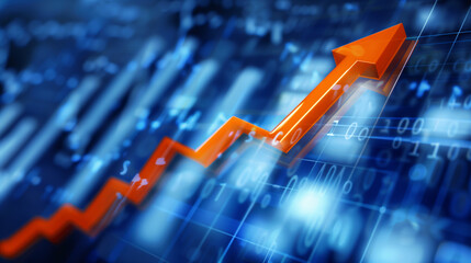 An orange arrow pointing upwards symbolizes an upward stock market trend. The background shows charts. The movement in the direction of the arrows indicates growth.