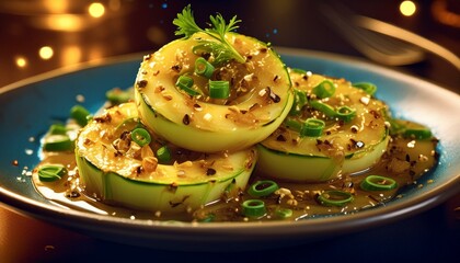 Wall Mural -  Sautéed kohlrabi rounds in a rich garlic butter sauce, garnished with freshly chopped chives