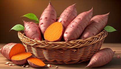 Wall Mural -  Whole and halved sweet potatoes arranged in a rustic basket, placed on a neutral background.
