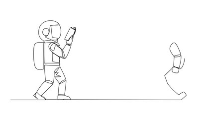 Wall Mural - Animated self drawing of continuous line drawing two astronauts walking face to face reading books. Gesture of memorizing something from a book. Addicted to reading. Full length single line animation