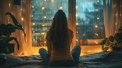 Wall Mural - Beautiful Teenager Sitting on Her Bed Watching Rain in Window