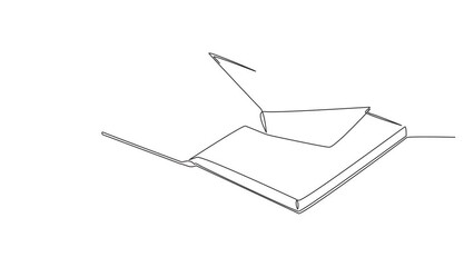 Wall Mural - Animated self drawing of continuous one line drawing paper boat on top of an open book. Metaphor of sailing the ocean by reading book. Looking towards the open sea. Full length single line animation