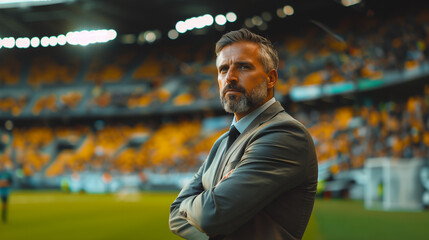 Portrait of a serious professional Brazilian manager standing in a modern stadium, wearing a suit, arms crossed, intense gaze.
