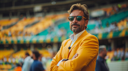 Portrait of a professional Brazilian manager in a bright yellow suit standing confidently in a stadium, wearing sunglasses, with a focused expression amidst a vibrant crowd.