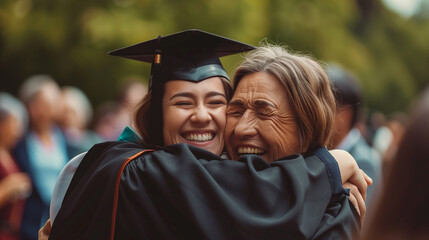 Wall Mural - A heartwarming scene of a graduate hugging their parents, sharing smiles and tears of joy, surrounded by a festive and supportive crowd.