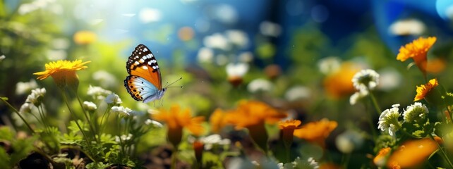 Closeup of wild beautiful butterfly on a flower in garden. Monarch butterfly collecting nectar from flower.