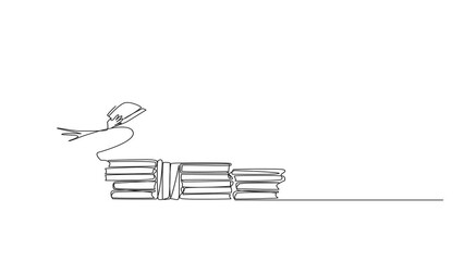 Wall Mural - Animated self drawing of single line drawing Arabian man sitting relax reading book on pile of book. Relax while reading fiction book. Enjoy storyline. Book festival. Full length single line animation