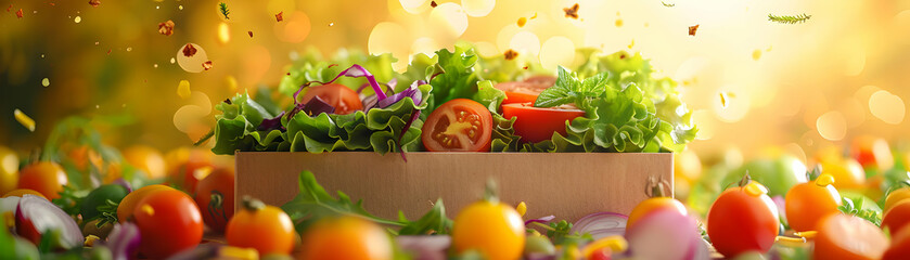 Wall Mural - Photo realistic of Celebrity endorsing a mockup plant based food box for health and environment benefits. Perfect for food and lifestyle ads.   Stock Photo Concept