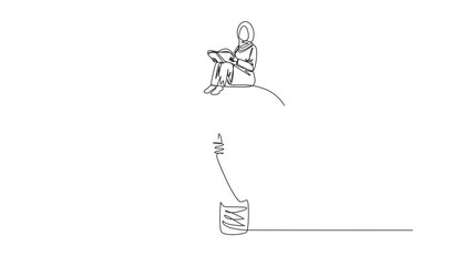 Wall Mural - Animation of single line drawing Arab woman sitting on big lightbulb. Read with serious. Metaphor looking for idea from scientific book. Continuous line self drawing animated. Full length motion