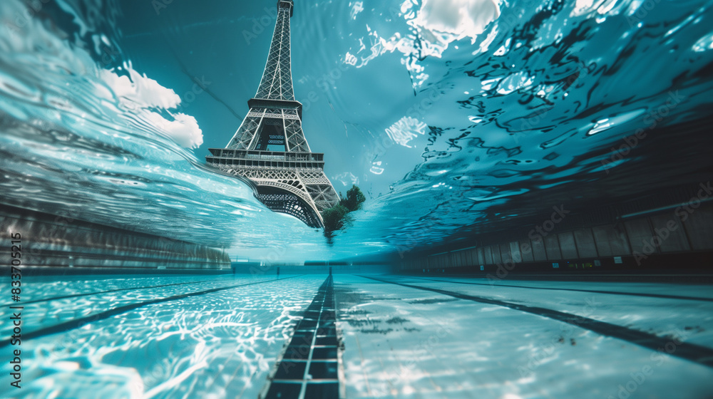 Sports swimming pool with a view of french landmarks from deep within ...
