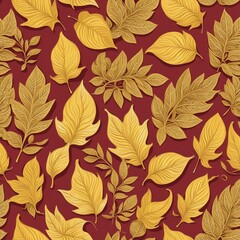Canvas Print - Yellow leaves  pattern on red background, illustration