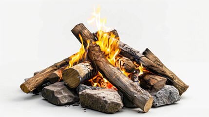 burning wood bonfire on white background in high resolution