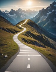 Road to success concept , with path going to a goal in the mountains