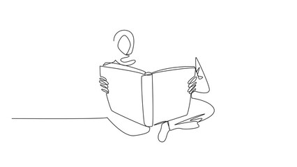 Wall Mural - Animated self drawing of single line drawing Arabian man woman sitting reading standing book. Enthusiasm never goes away. Happy when reading book. Book festival. Full length single line animation
