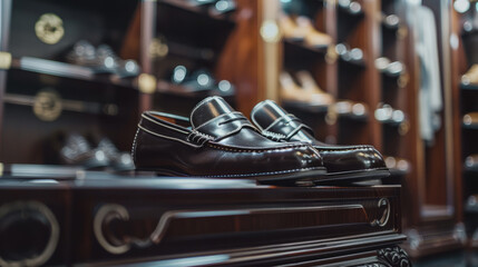 Wall Mural - A pair of school shoes displayed on a stylish shoe rack. Pair of black leather loafers displayed in a luxurious shoe store. Fashion and retail concept. Design for poster, wallpaper, banner.