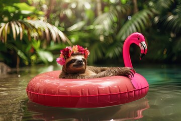 Sticker - Sloth with a Flower Crown Floating on a Flamingo Float