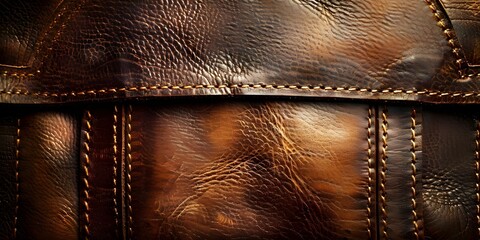 Wall Mural - Aged brown leather with Western stitching on a dark grunge background. Concept Vintage Leather, Western Style, Grunge Background, Artistic Photography