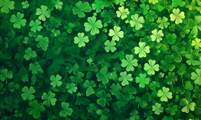 Wall Mural - St Patrick's Day background with shamrocks and clovers, in a flat design style, vector illustration using flat color blocks and flat shading with flat shapes