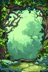 Wall Mural - A dark fantasy RPG game card background featuring a mystical forest scene in vibrant green and red hues, framed by intricate details in a cartoon style.