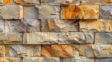 Wall Mural - Sandstone block wall with chiseled texture, warm light, natural palette, ample copy space,