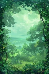 Wall Mural - Lush green foliage and fiery red elements create a mystical forest on a dark fantasy RPG game card background, all framed with whimsical cartoon details.