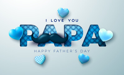 Sticker - Happy Father's Day Greeting Card Design with Heart and Mustache on Light Background. Vector Celebration Illustration with I Love You Papa Checkered Lettering. Template for Banner, Flyer or Poster.