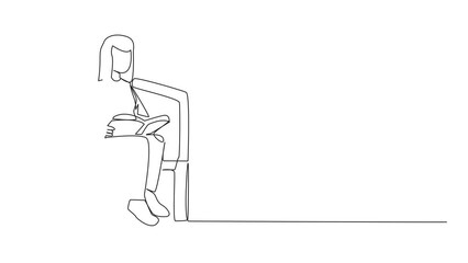 Poster - Animated self drawing of continuous line drawing woman sitting and reading on chair in university park. Prepare for the final exams with serious reading. Book festival concept. Full length animation