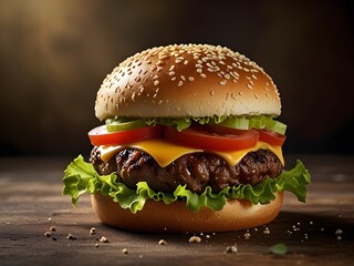 Classic cheeseburger with melted cheese, lettuce, tomato, and a sesame seed bun, appetizing and juicy, generative AI