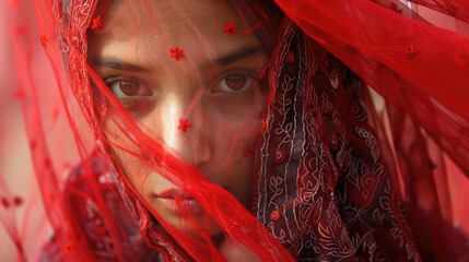 portrait of a young woman behind a red veil