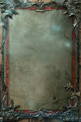 Wall Mural - A captivating cartoon illustration for a black and silver fantasy RPG game card, portraying a mythical landscape framed in ornate silver.