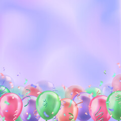 Wall Mural - Template of square banner with 3d pastel colorful realistic balloons with confetti ribbons frame and  space for greeting text or invitation. Purple wallpaper for celebration, sale, opening, holiday