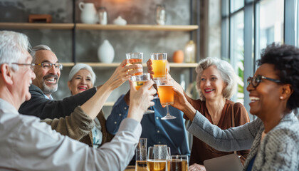 a  of successful senior people celebrating a career milestone in a modern office, clinking glasses and smiling, Multiracial Group, multi generational, Senior people,