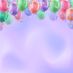 Wall Mural - Template of 3d colorful realistic glossy balloons with confetti ribbons on blurred background and copy space for invitation or greeting text. Banner for birthday party, sale, opening event, holidays