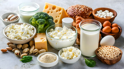 a table with cheese, broccoli, cheese, and bread.