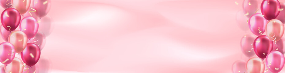 Wall Mural - Template of panoramic background with 3d pink realistic balloons with confetti frame and empty space for greeting text or invitation. Header for celebration, sale, opening, holiday, wedding, ads