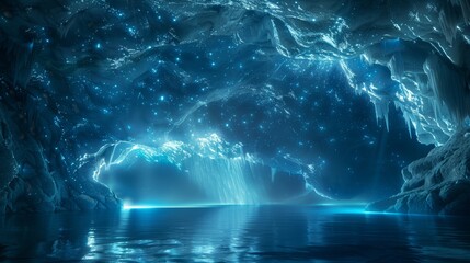 Canvas Print - a blue cave with a waterfall and stars in the background