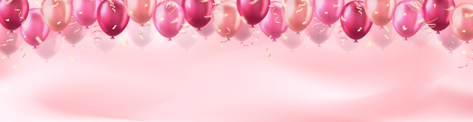 Wall Mural - Template of header with 3d pink realistic balloons with confetti ribbons frame and empty space for greeting text or invitation. Cute panoramic banner for celebration, sale, opening, holiday, wedding