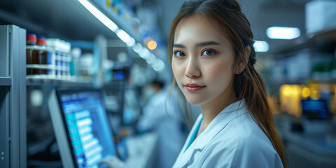 Wall Mural - A young Chinese female scientist conducts medical research in a hospital laboratory, analyzing data.