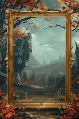 Wall Mural - A captivating backdrop for a fantasy RPG game card, featuring a mythical tableau with a dark atmosphere, rendered in a cartoon style, and accentuated by a gold frame.