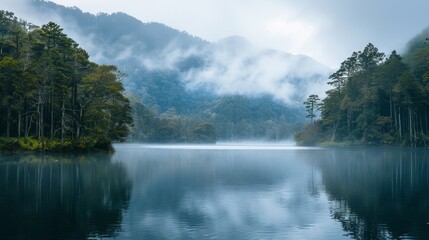 A calm lake with a cloudy sky in the background