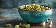 © inspiretta - a bowl of cardamom seeds on a table with a blue background