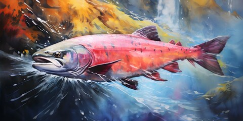 Wall Mural - Vibrant painting of Chinook salmon swimming in a rushing river. Concept River Wildlife, Vibrant Colors, Salmon Art, Nature Inspiration, Classic Painting